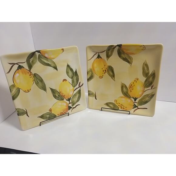 Set of 2 Lemon Orchard by Pier 1 Hand Painted Large Square Dinner Plates 11"x15" - Picture 1 of 7